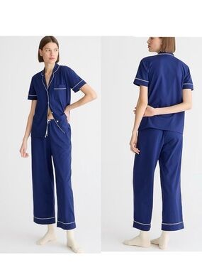 J. Crew Dreamy cotton-blend short-sleeve pajama pant set Navy Blue Size XL